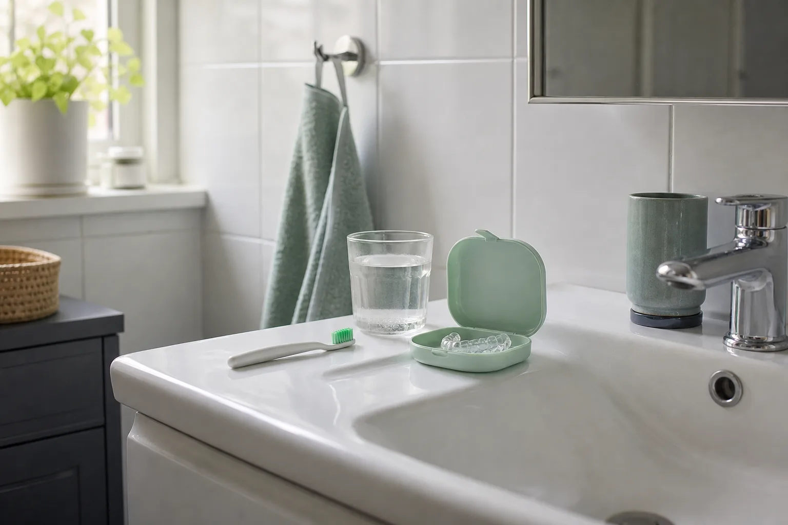 Bettskena i öppet etui bredvid mjuk tandborste och glas vatten på badrumshandfat