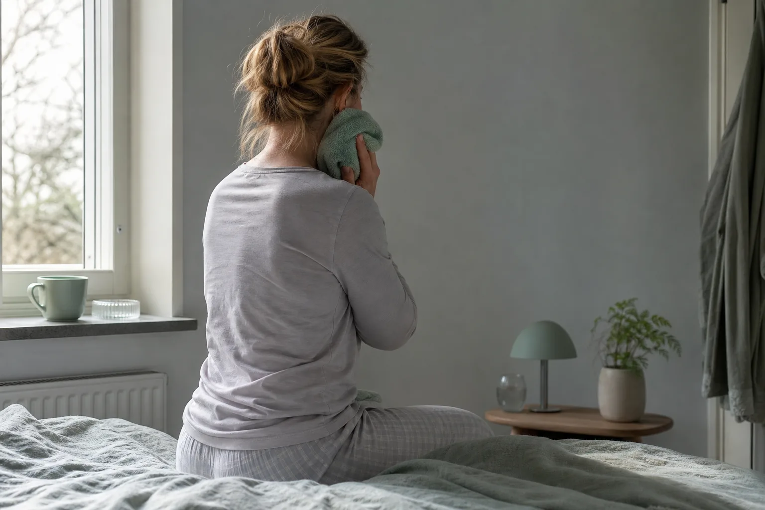 Person sedd bakifrån med handduk mot käken