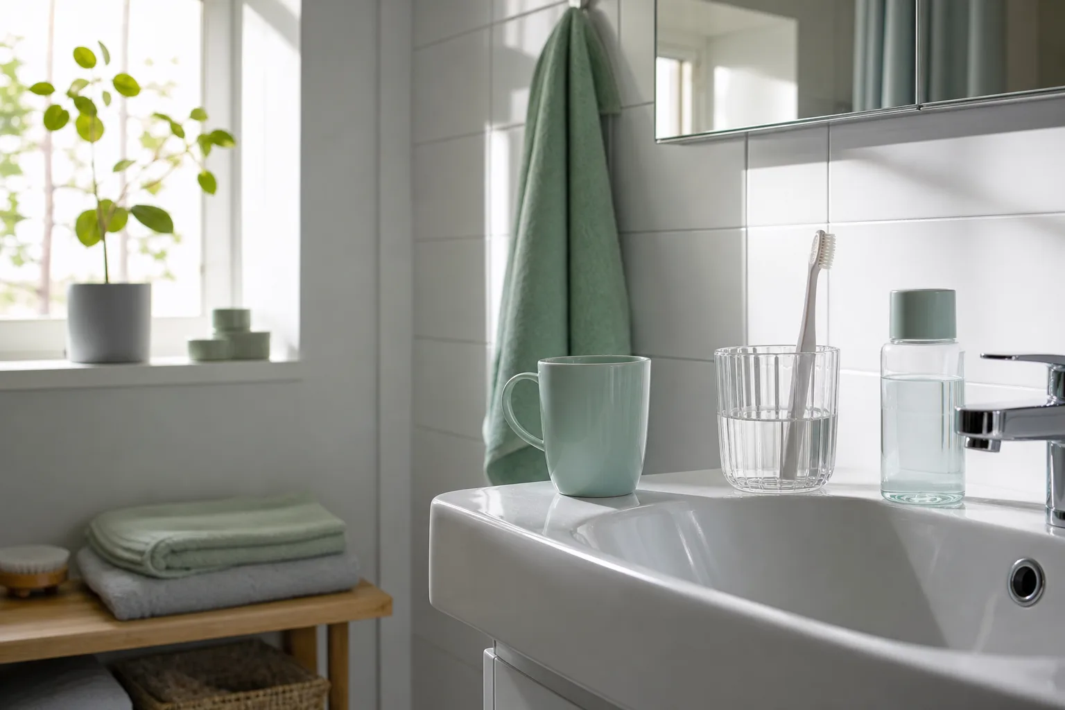 Mintgrön mugg med vatten, tandborste och munskölj på badrumshandfat i morgonljus