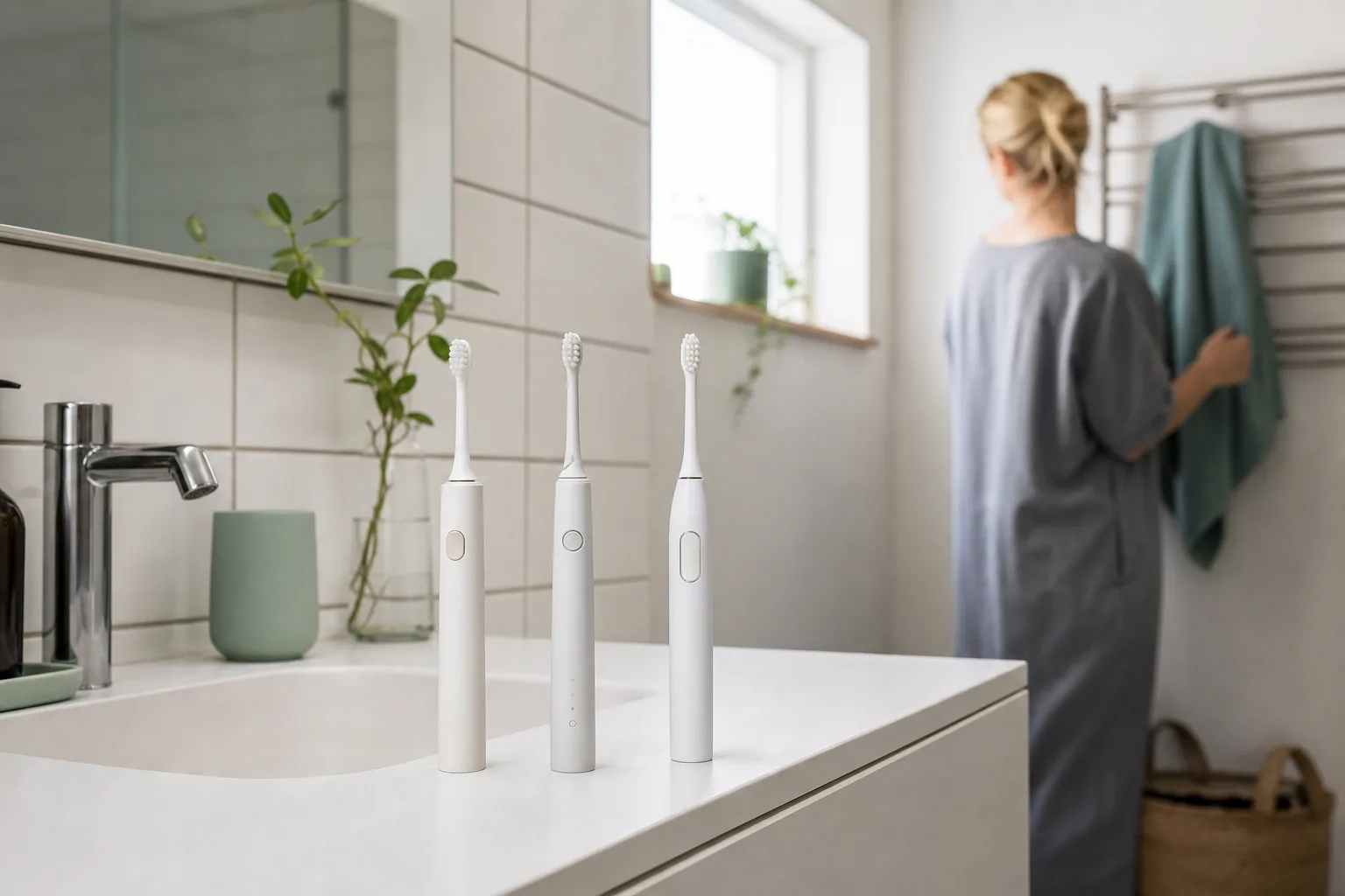 Tre neutrala eltandborstar på ljus badrumskommod