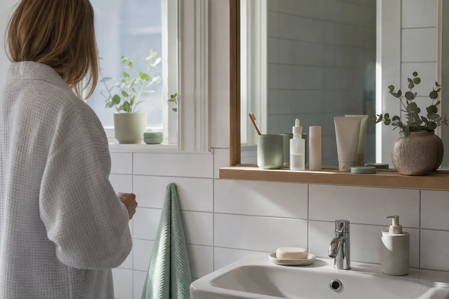 Badrumshylla med neutrala munvårdsprodukter i morgonljus