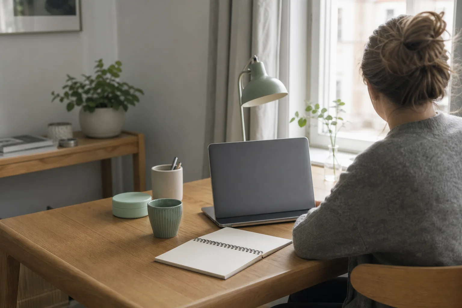 Redaktionsarbetsbord med laptop och anteckningsbok utan personer