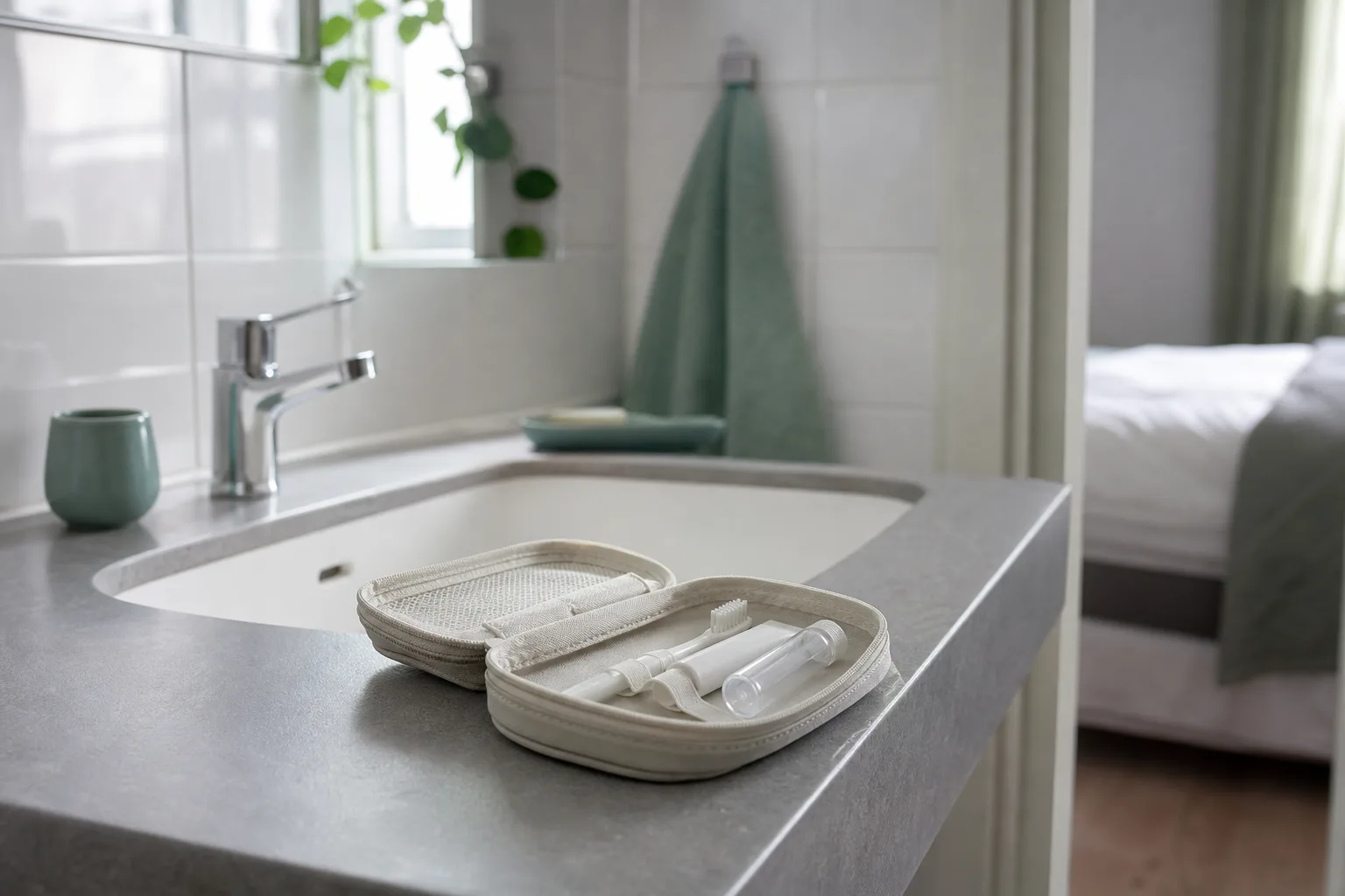 Öppet reseetui med tandborste och liten tub på hotellbadrum