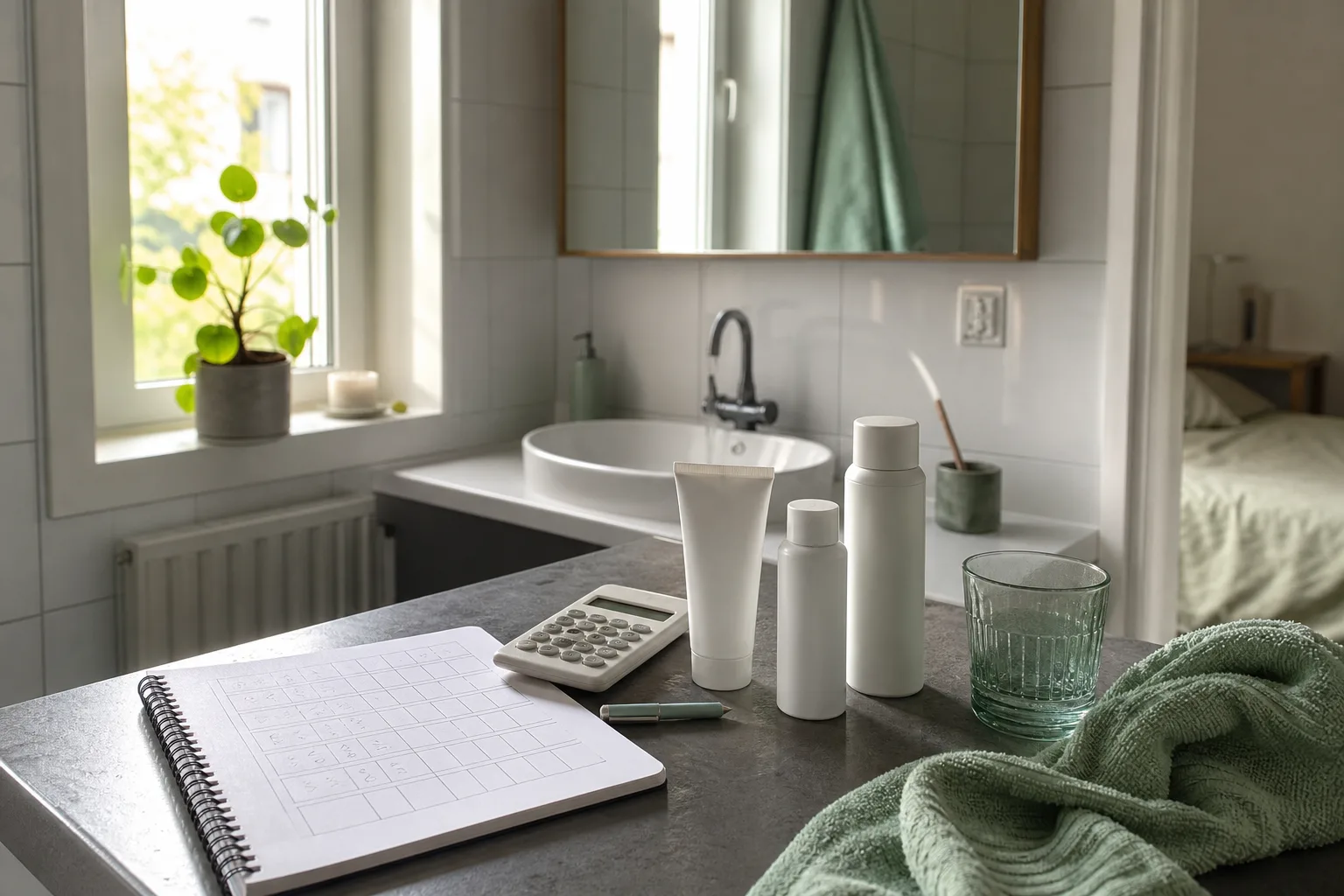 Anteckningsblock, miniräknare och neutrala produkter på bord