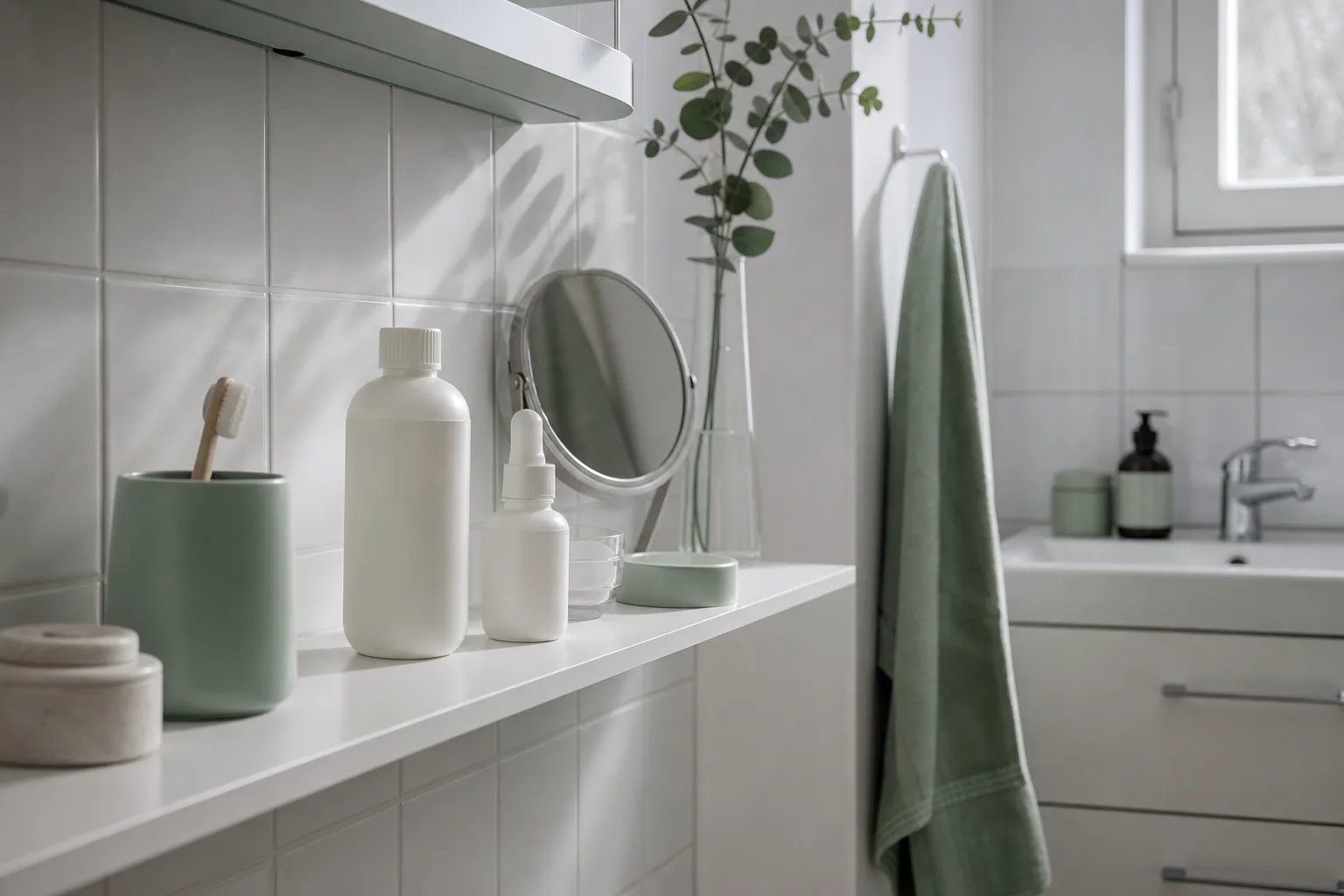 Neutrala hemmablekningsprodukter på vit badrumshylla