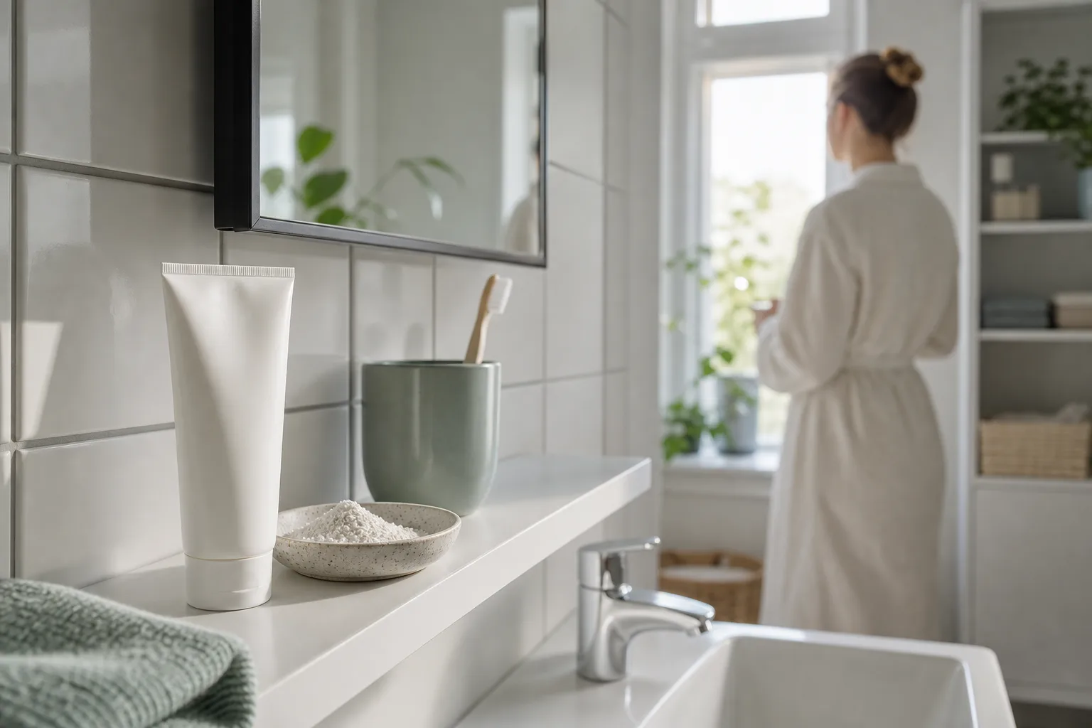 Neutral tandkrämstub och keramiskt fat med mineralpulver