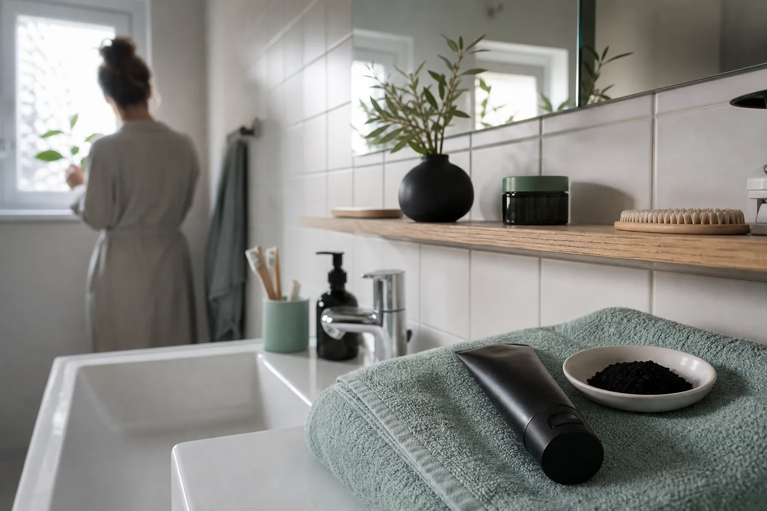Mörk neutral tandkrämstub och skål med kolkorn