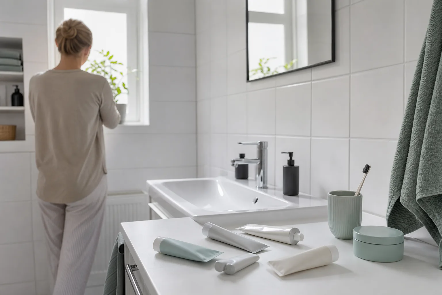 Flera neutrala tandkrämstuber på badrumsskåp