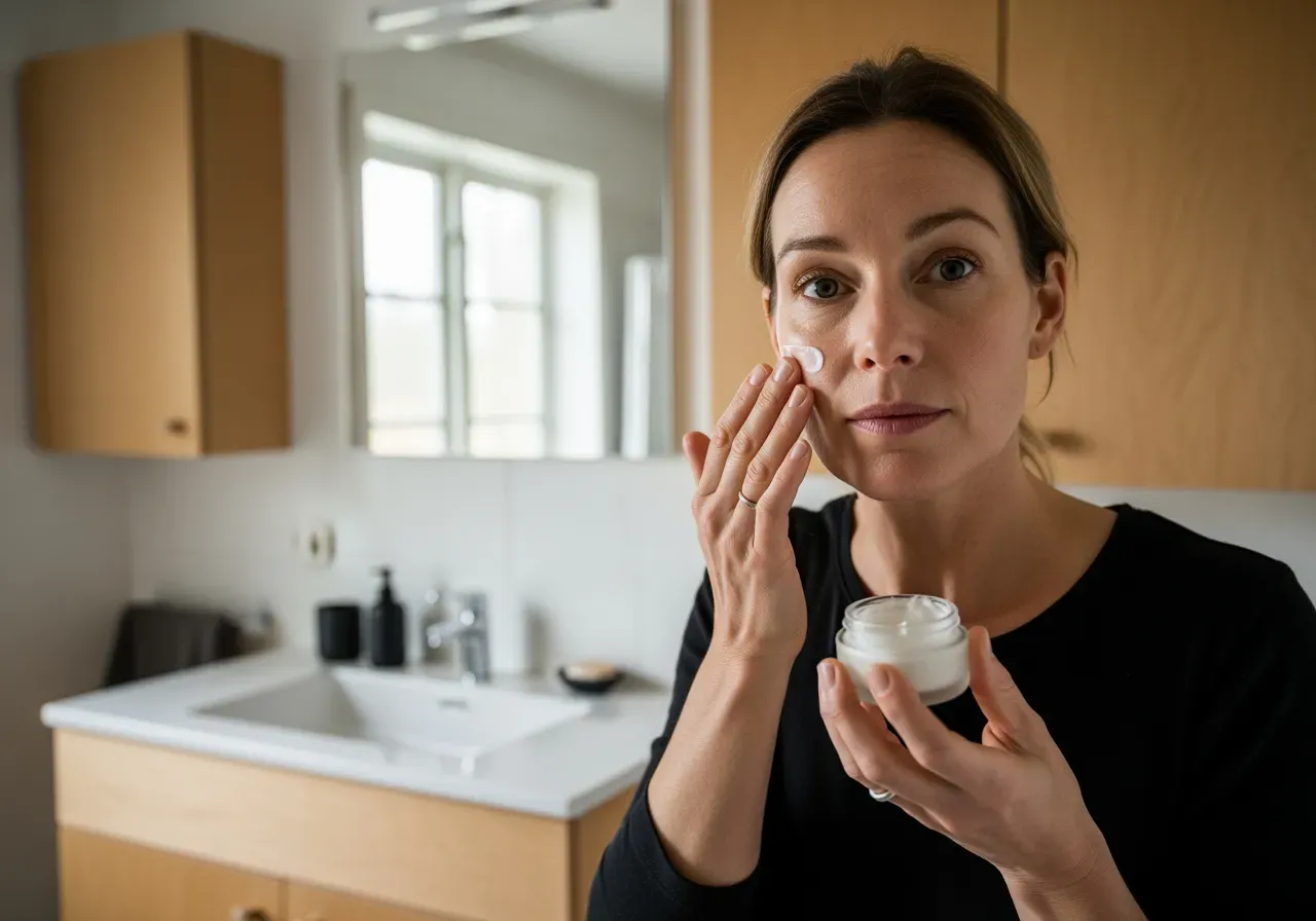 Kvinna tar kräm i ansikte