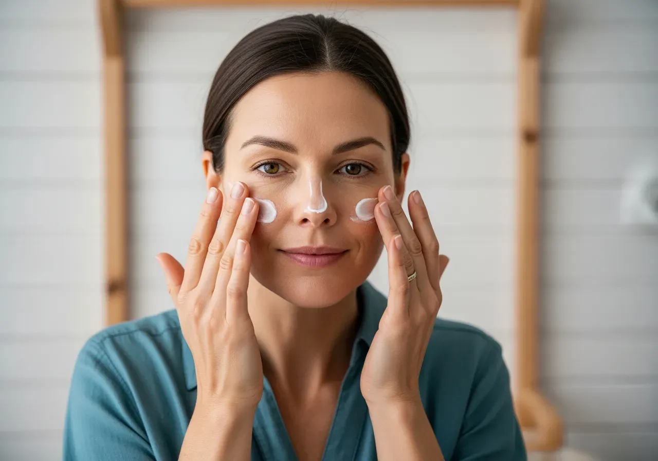 Kvinna tar kräm i ansiktet