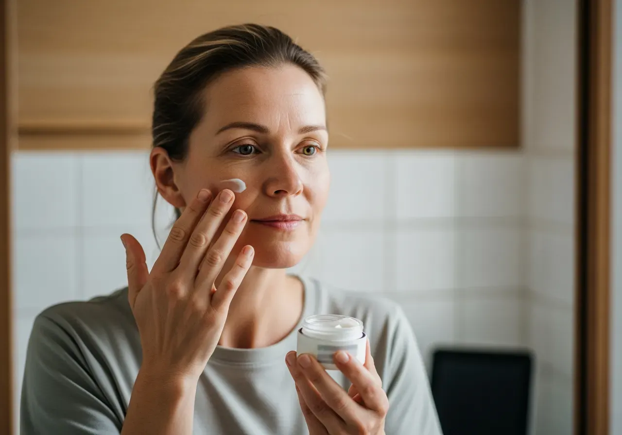 Kvinna tar kräm i ansiktet