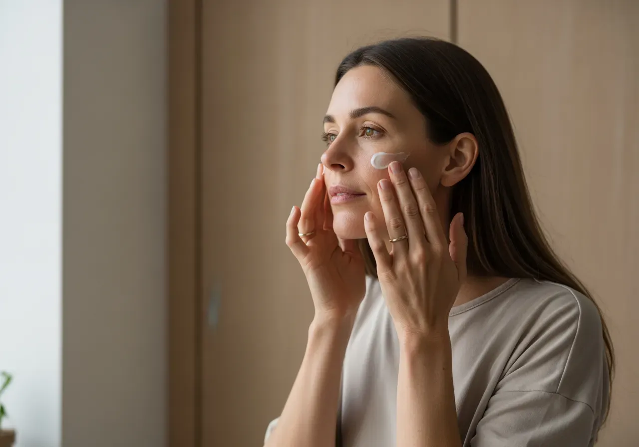 Kvinna tar kräm i ansiktet