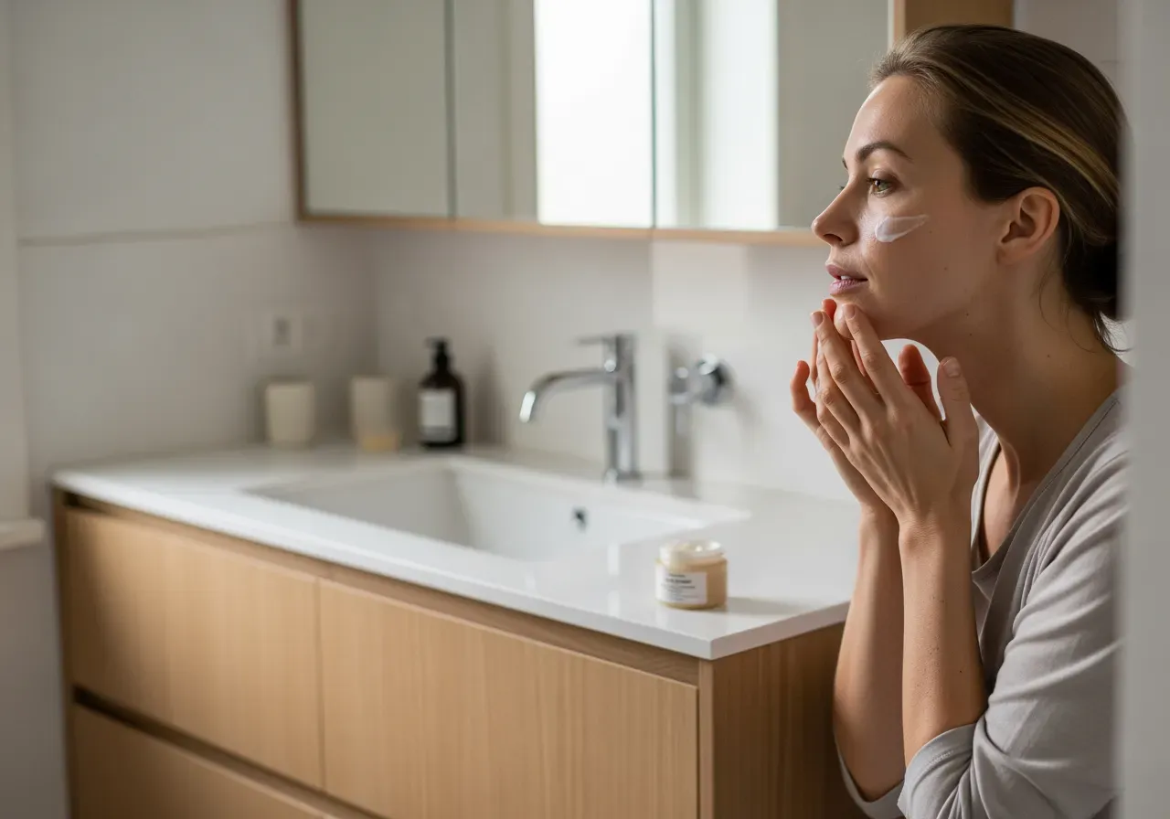 Kvinna tar kräm i ansiktet