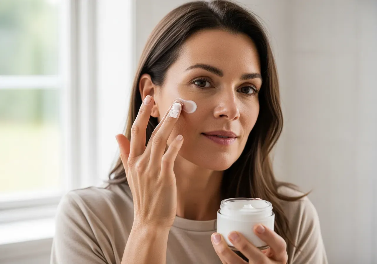 Kvinna tar kräm i ansiktet