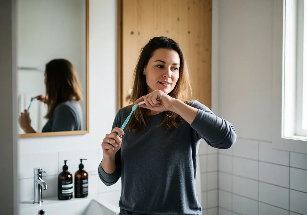 Kvinna med tandborste i handen