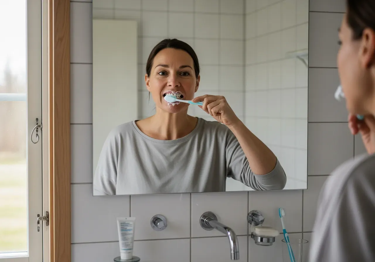 Kvinna borstar tänderna