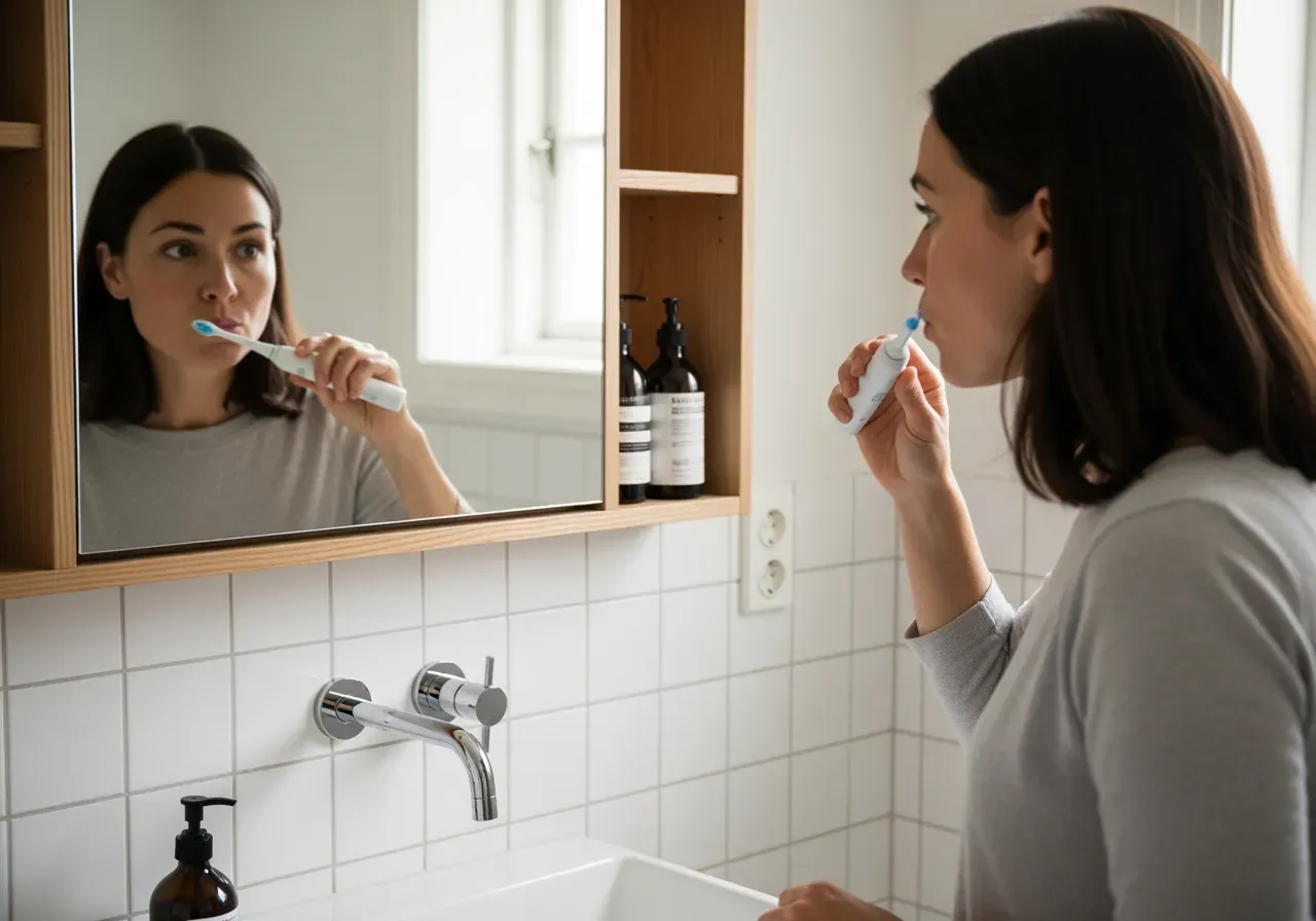 Kvinna borstar sina tänder med eltandborste