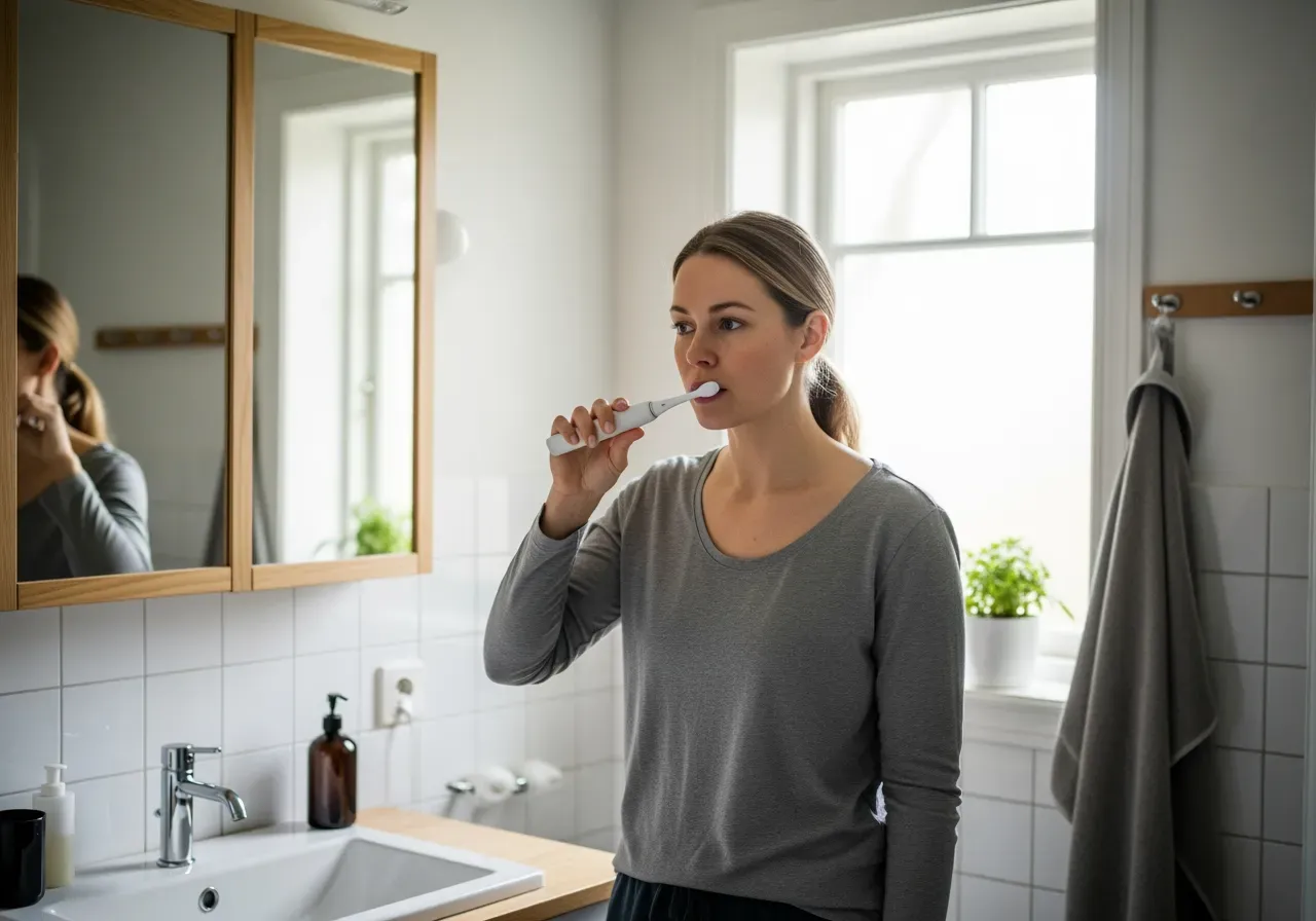 Kvinna borstar sina tänder med eltandborste
