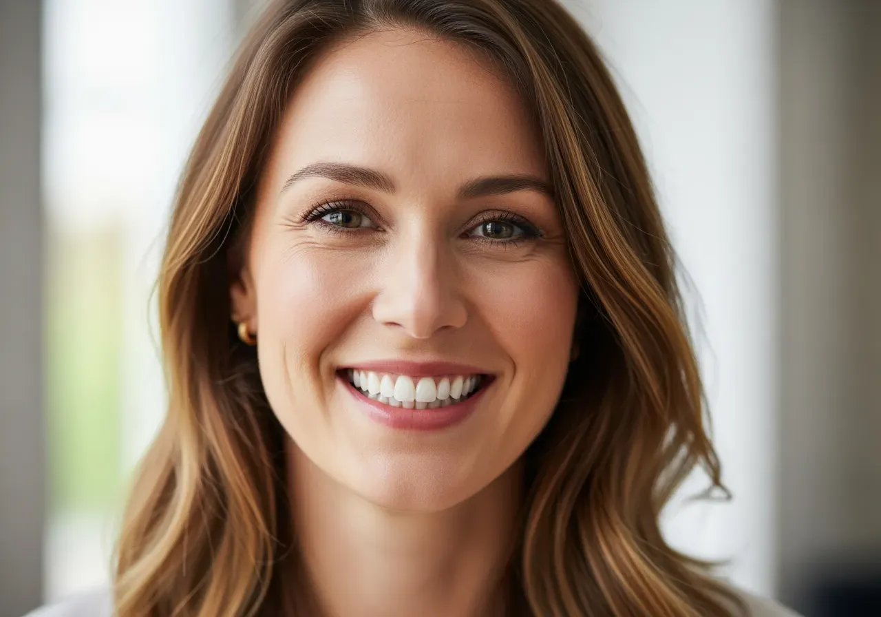 Kvinna ler med vita tänder