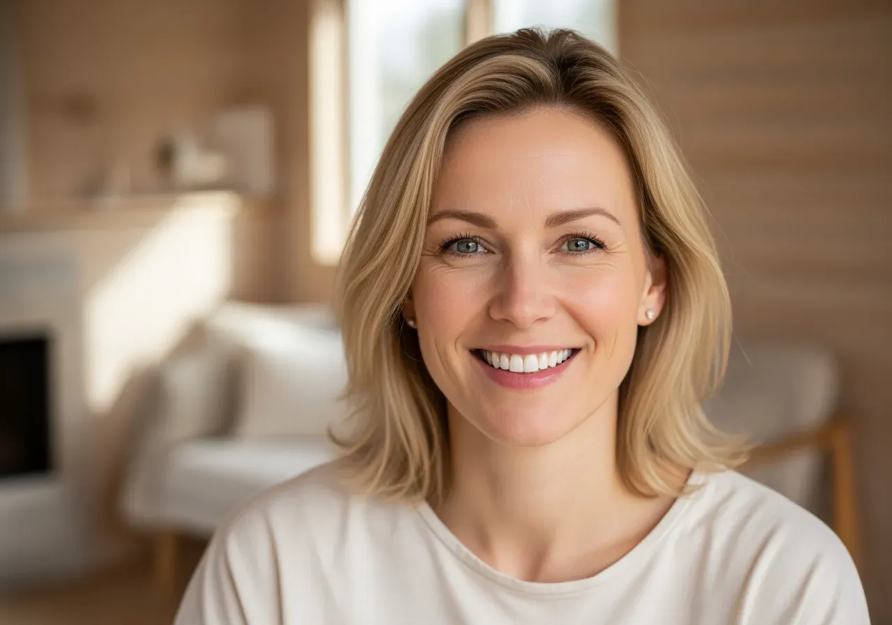 Kvinna ler med vita tänder