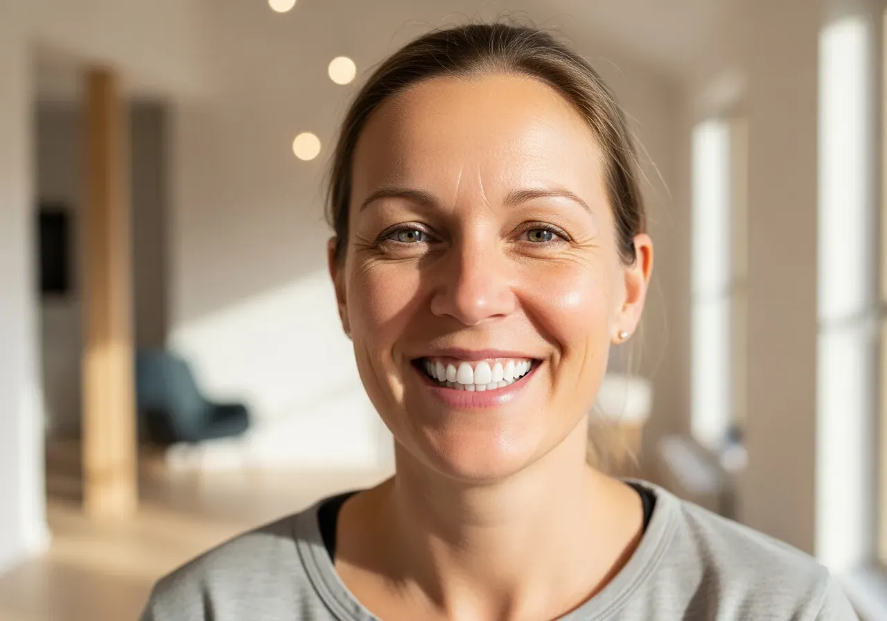 Kvinna ler med vita tänder