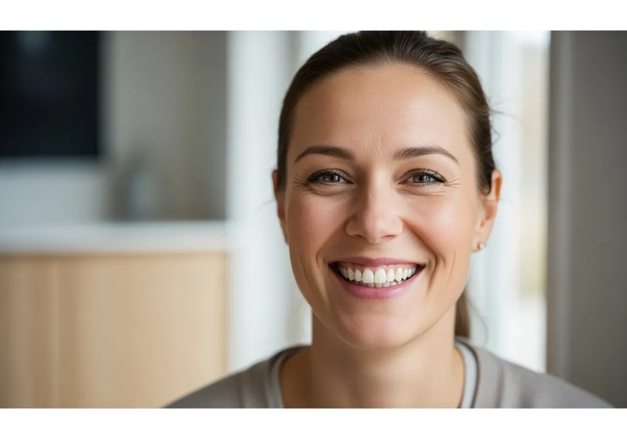Kvinna ler med vita tänder