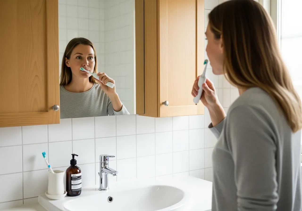 Kvinna borstar sina tänder med eltandborste