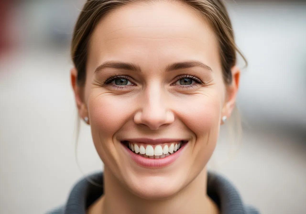 Kvinna ler med vita tänder