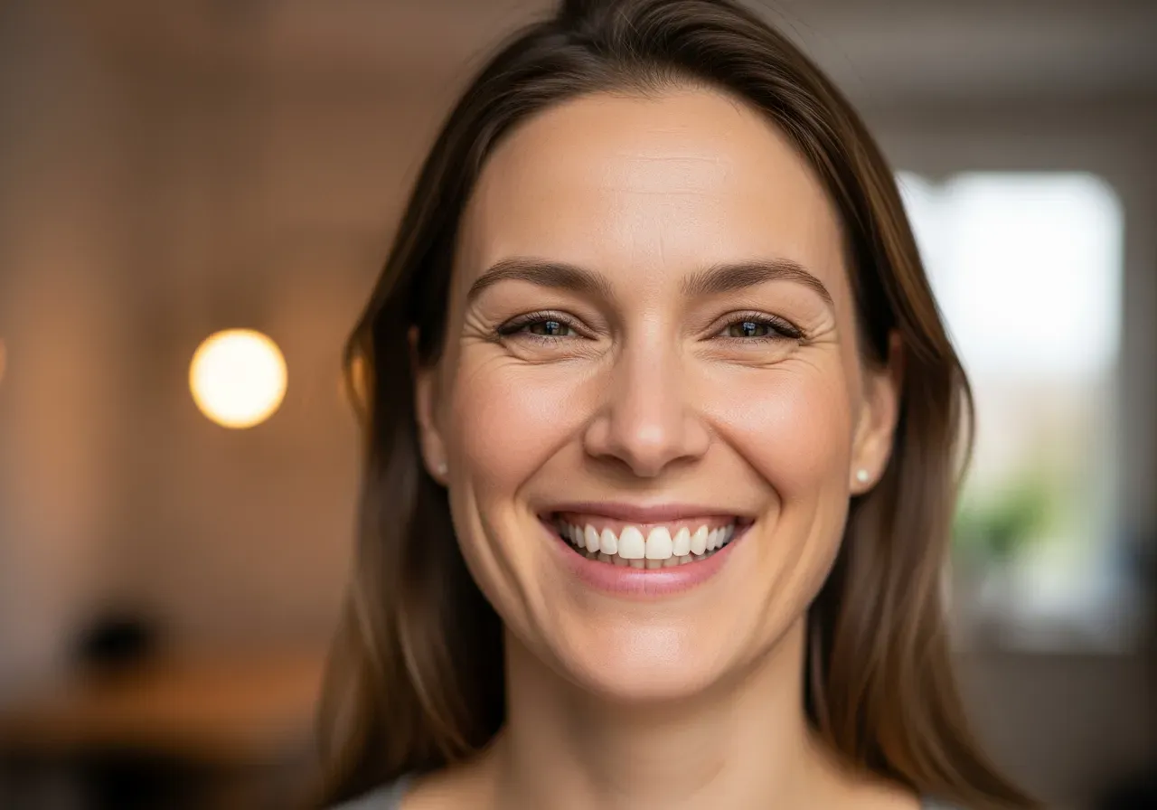 Kvinna ler med vita tänder