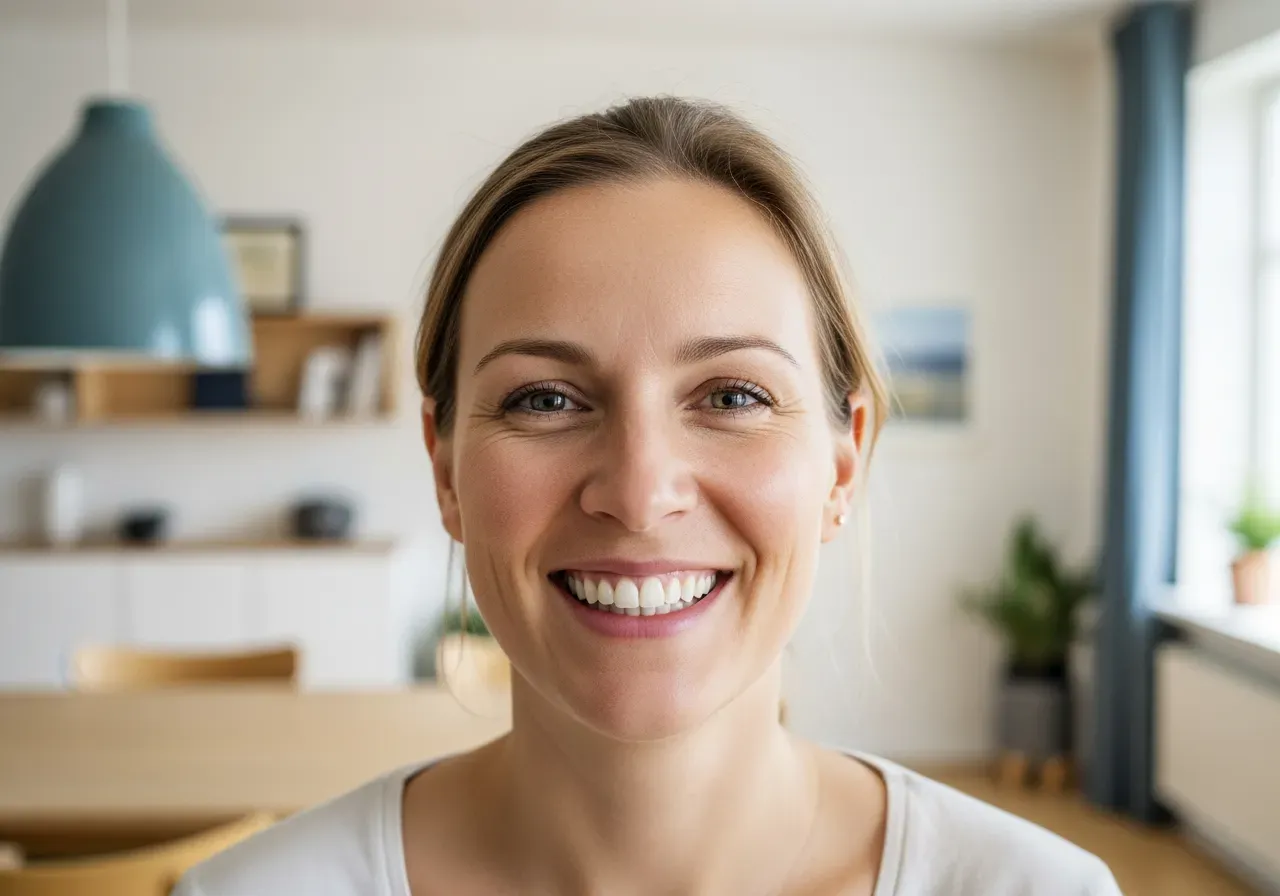 Kvinna ler med vita tänder