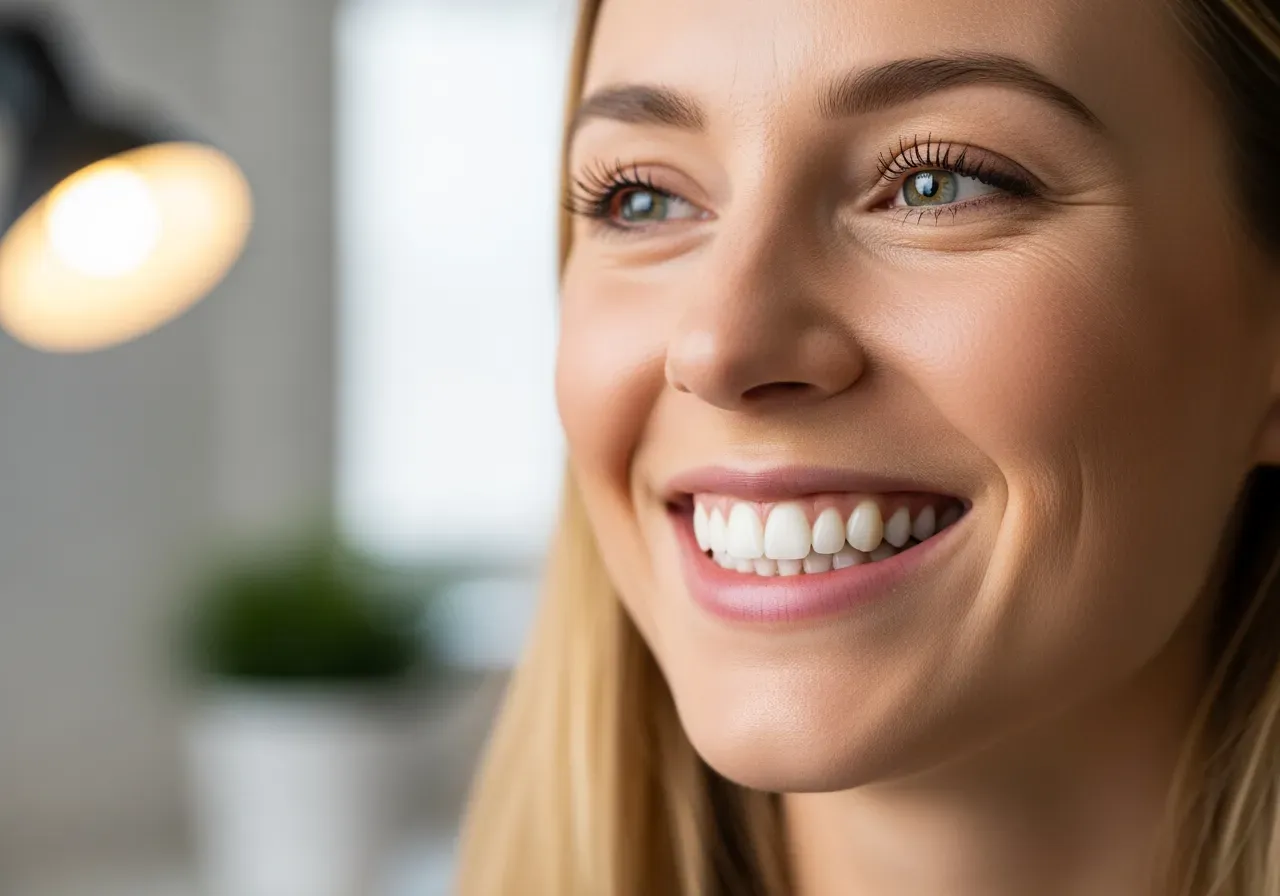 Kvinna visar vita tänder
