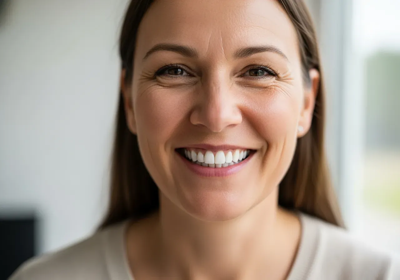 Kvinna visar vita tänder