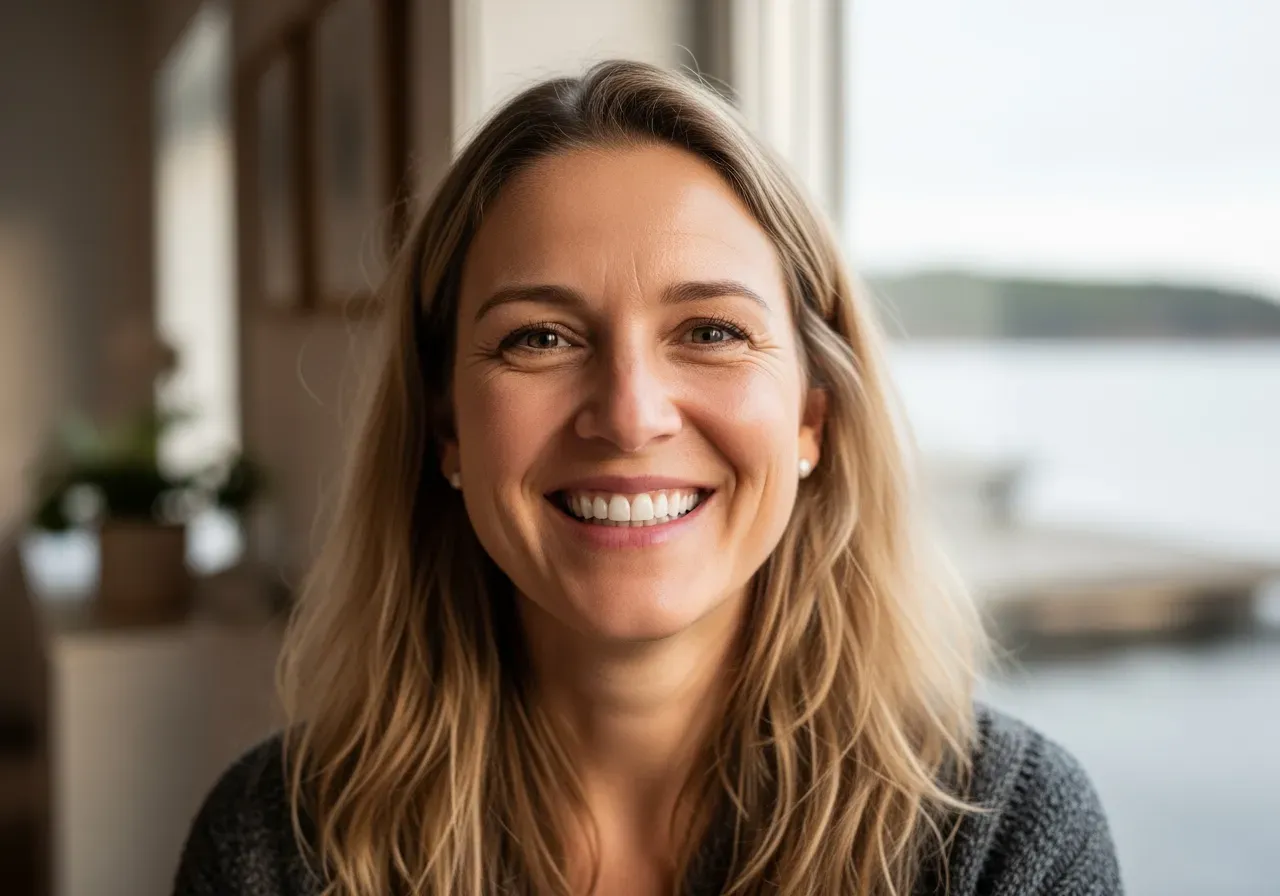 Kvinna ler med vita tänder