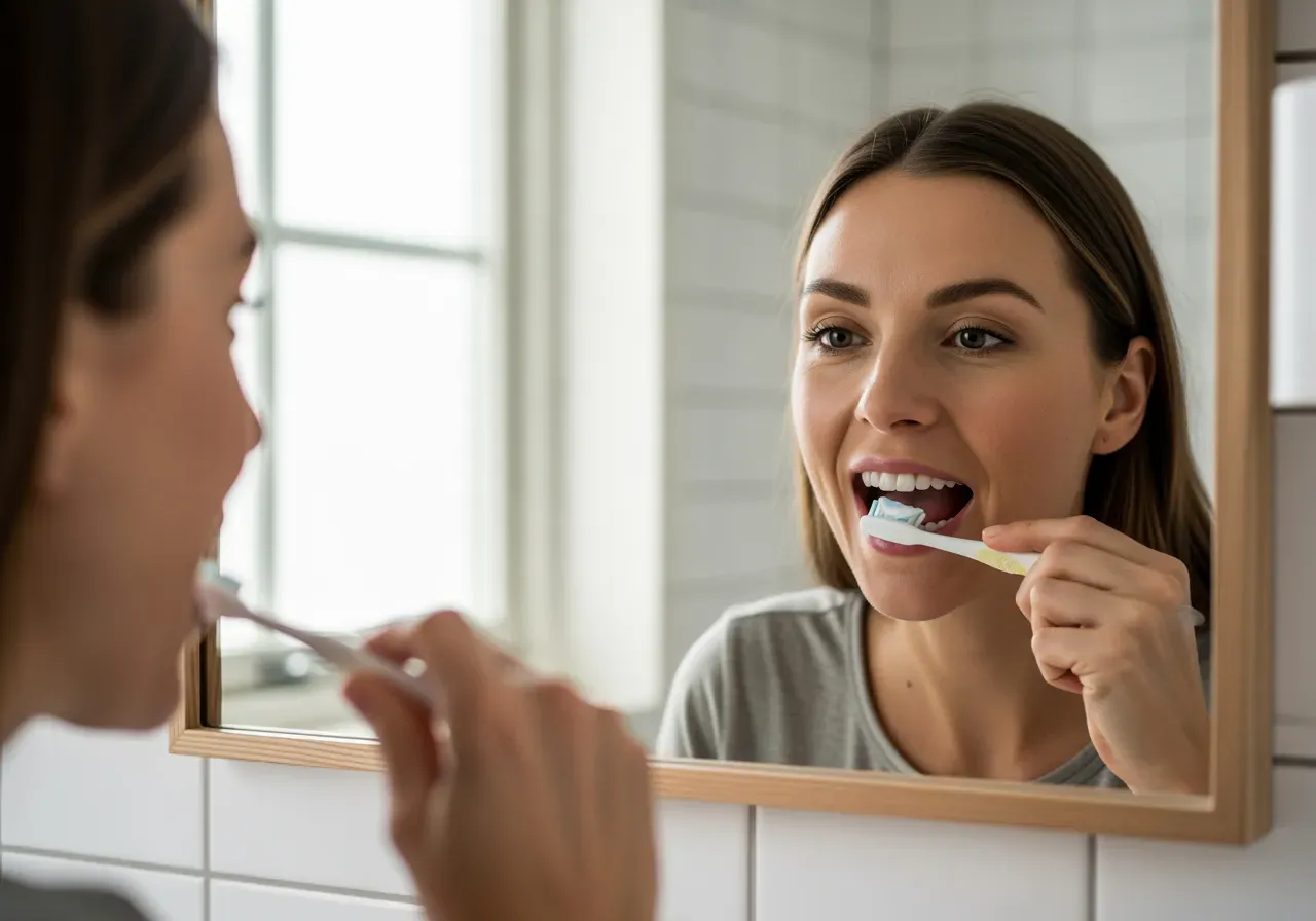 Kvinna borstar sina vita tänder